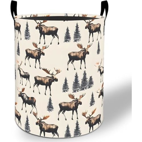 Forest Moose Laundry Basket Hamper 19.7"x15.8", Rustic Animal Foldable Waterproof Oxford Clothes Storage Bucket for Room Bathroom Bedroom Nursery Decor, Toy Organizer Bins Gifts for Kids Boys Girls
