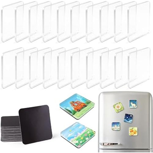 20 Pack 2x2 Inch Clear Acrylic Fridge Magnets with Strong Adhesive Backing, DIY Square Photo Magnet Frames for DIY Fridge, Whiteboard, Cabinet, Classroom & Office Decor