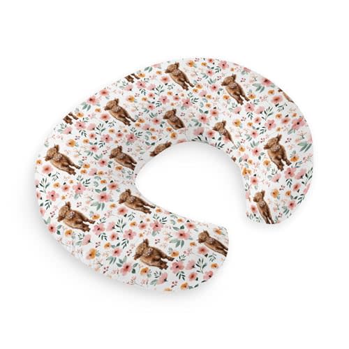 HawSkgFub Highland Cow Pink Floral Nursing Pillow Cover for Baby Girl, Boho Retro Flower Western Farm Animal Yak Breastfeeding Pillow Slipcover, Cow Lover Nursing Pillowcase Newborn Infant, Cover Only
