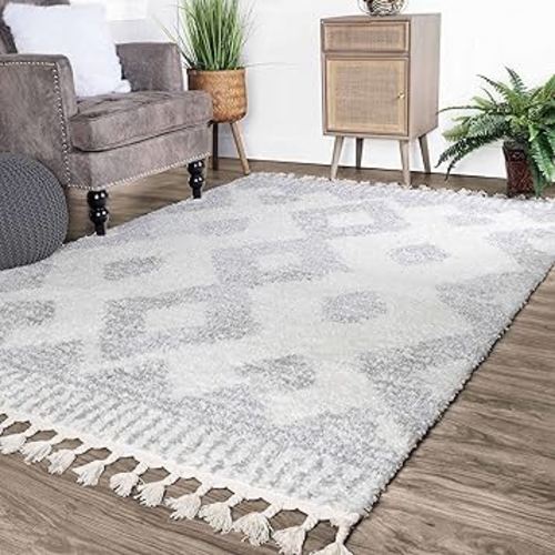 Superior Indoor Area Rug Perfect for Bedroom, Laundry Room, Entryway, Office, Playroom, Nursery, Fluffy Carpet Cover, Modern Geometric Diamond Lattice Shag LORE Collection, 5' x 7', Ivory Grey