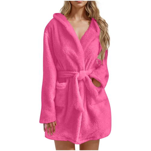 YanHoo Plus Size Fuzzy Robes for Women Plush Bathrobe Mid Length Tie Waist Belted Kimono Spa Robes Short Cute Soft Winter Sleepwear