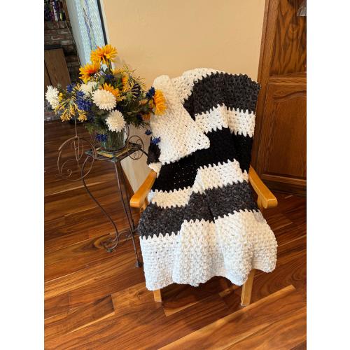 Striped Chenille Crochet Afghan: Handmade White, Black & Charcoal Throw