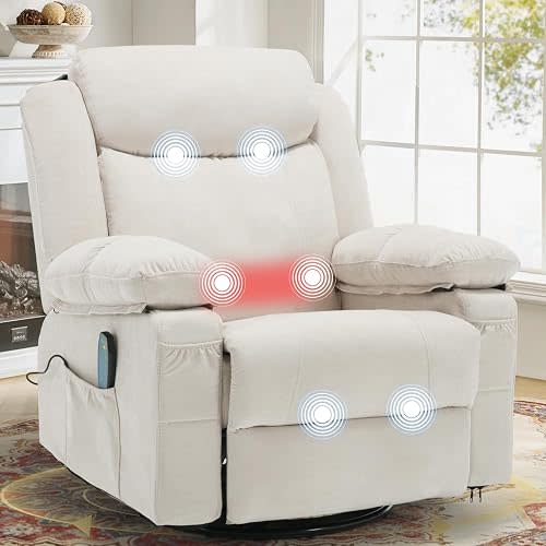 Overstuffed Massage Rocker Recliner Chair with Heat, White