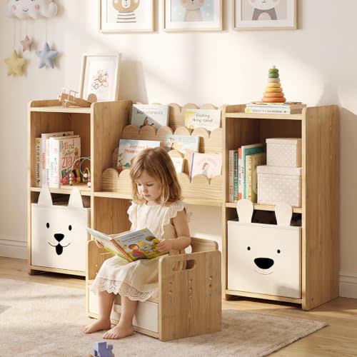 Kids Bookshelf and Toy Storage with Adjustable Chair | Montessori Wooden Bookshelf with 2 Animal Storage Bins, Front Facing Bookcase for Kids Picture Books, Solid Pine Organizer