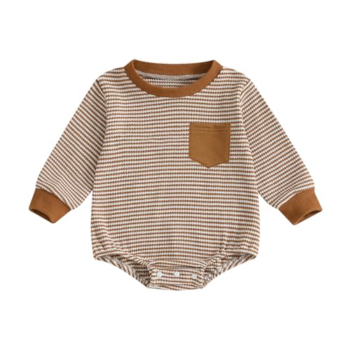 Gobuuly Baby Sweatshirt Romper Boy Girl Waffle Knit Long Sleeve Striped Romper Oversized Sweater Newborn Fall Winter Clothes