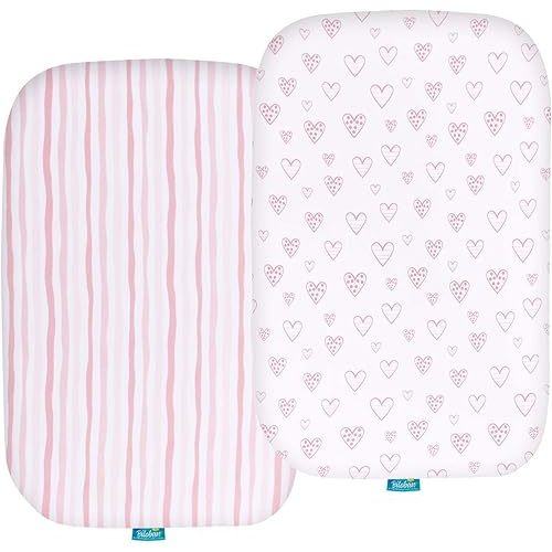 Biloban Bassinet Fitted Sheets Fit for Most Bedside Sleeper Bassinet, (35"x21"), Jersey Knit Cotton, Breathable, 2 Pack, Pink Print
