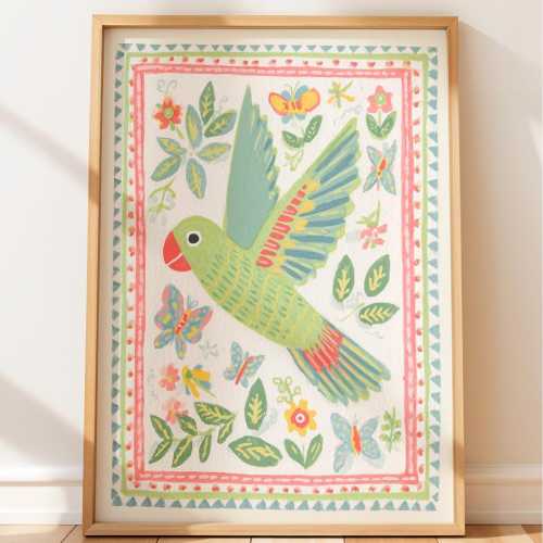 Colourful Kids Nursery Art - Playful Tropical Parrot and Butterflies Children's Animal Poster, Kids Wall Art, Animal Nursery Print