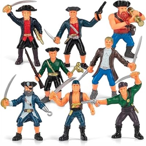 Liberty Imports 8 Piece Pirate Action Figures Playset in Assorted Poses and Weapons, Fun Pirate Men Party Favor for Kids (3.5 inch)