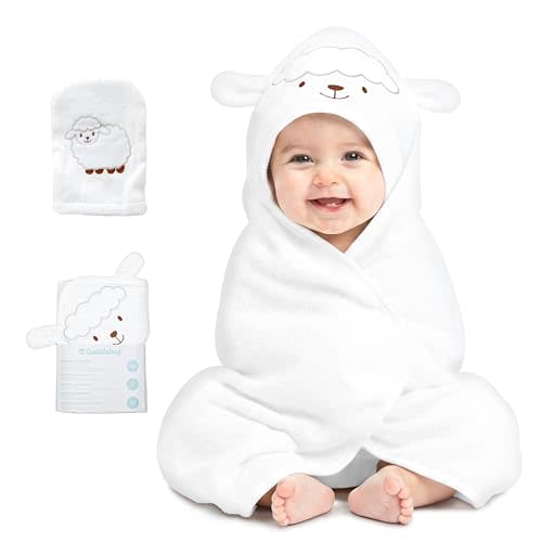 CuddleBug Premium Hooded Baby Towel & Washcloth Set - 100% Cotton Terrycloth Bath Towels for Newborn & Toddler, Super-Soft & Absorbent, Newborn Essentials (30" x 30") - White Lamb