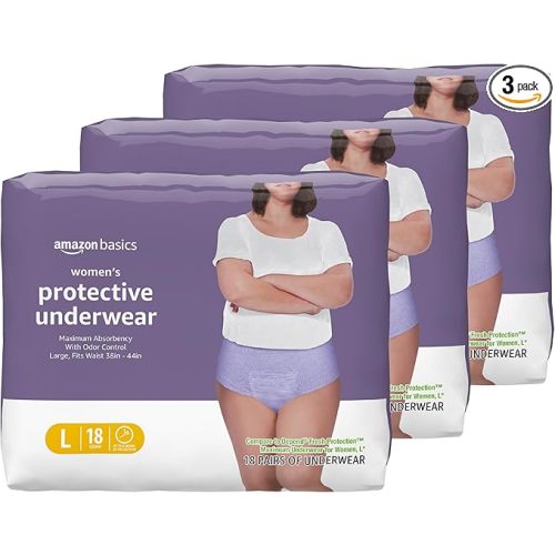 Amazon Basics Incontinence Underwear for Women, Maximum Absorbency, Fresh Protection, Postpartum, Disposable, Odor Protection, Comfortable Fit, Large, Lavender, 54 Count (3 Packs of 18)