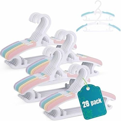 Baby Hangers 28 Pack, Durable Plastic Kids Hangers for Closet Organization, Bright Rainbow Colors & Stackable Design, Adjustable from Infant to Teen