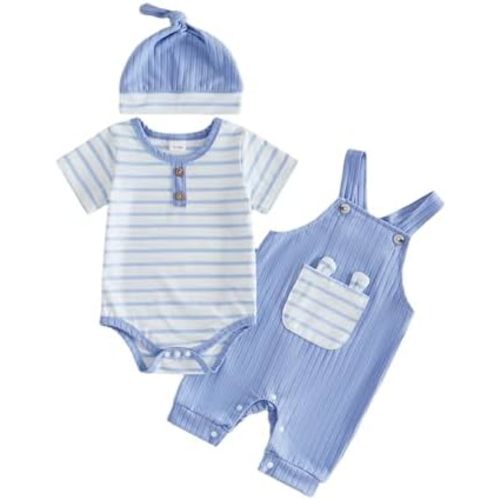 Newborn Baby Boy Clothes Summer Outfit Solid Color Short Sleeve Romper Waffle Suspender Shorts Overall Set 3Pcs