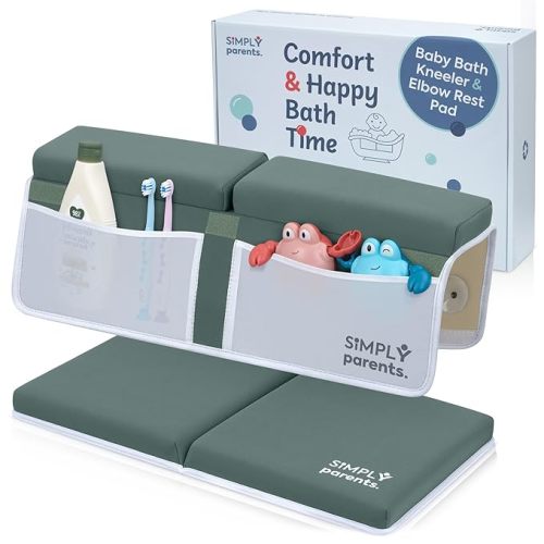Baby Bath Kneeler and Elbow Rest Pad Set - Quick-Dry, Non-Slip Kneeling Pad for Bathing Toddler, Toy Organizer Pockets, Gift Box, Accessories for Tub, Green
