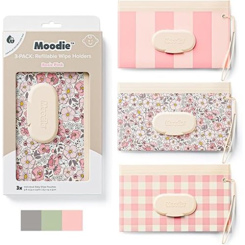 Moodie NEW 3 PACK Baby Wipes Holder | Refillable Wipes Container w/DOUBLE-LOCK SEAL |Travel Wipe Case | Portable Wipe Dispenser for Diaper Bag w Silicone Strap | Reusable Wipes Pouch (ROSIE PINK)
