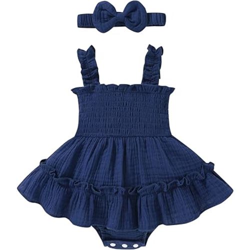 Happy Town Infant Baby Girl Clothes Toddler Summer Sleeveless Romper Dress with Headband Newborn Jumpsuit Outfits