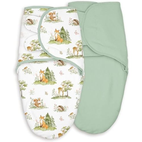 Baby Swaddles for Newborn Organic Cotton, Soft & Snug Velcro Swaddle 0-3 Months Sleep Sack Helps Calm Startle Reflex, 2-Pack Wrap Nursery Swaddling Green Jungle Animals