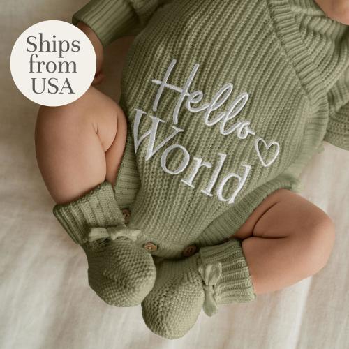 Hello World Baby Outfit, Neutral Baby Onesie, Cotton Knit Romper, Teddy Hat & Booties, Coming Home Oufit, Baby Shower Gift, USA