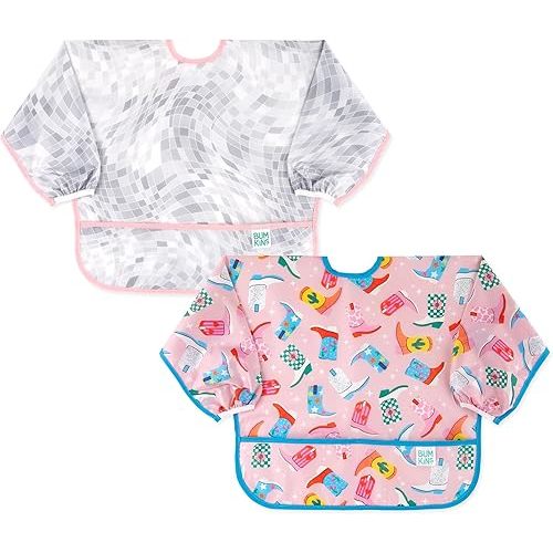 Bumkins Sleeved Baby Bib – Long Sleeve Waterproof Fabric Feeding Smock with Crumb Catcher Pocket, Adjustable Toddler Apron for Baby Led Weaning, Comfortable for Ages 6–24 Months, Cowgirl Boots 2-pack