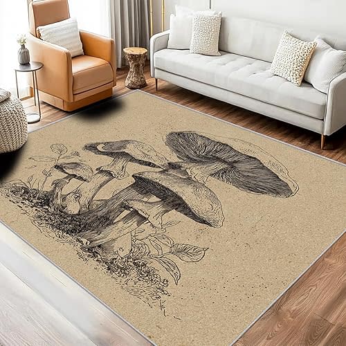 Mushroom Rug, Washable 4x5 Rug for Living Room, Fungus Vintage Plant Patterned Indoor Carpet, Mushroom Decor for Home, Bedroom, Soft Non Slip Thin Design EER176