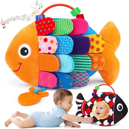 Baby Sensory Toys 0-6 Months Music Tummy Time Flip Fish Toys for Infant 2 3 4 5 6 Month with Mirror Crinkle Rattle Teether for 0-3-6-12 Months High Contrast Baby Toys for Newborn Girl Boy Shower Gifts