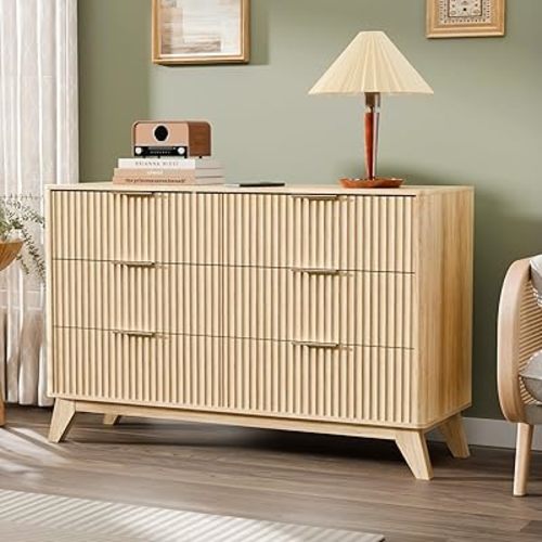 VINGLI Fluted Dresser 6 Drawer, Wood Dresser for Bedroom with Rounded Edges, Mid Century Modern Dressers 47" Long Chest of Drawers, Natural Wood Color, 46.8" W*15.6" D*31" H