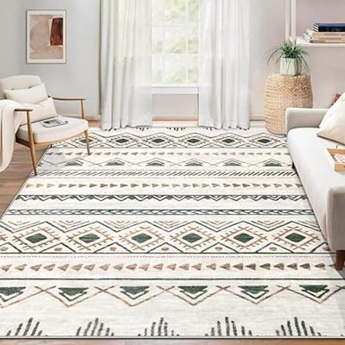 Area Rug for Living Room 6x9: Large Washable Boho Moroccan Rugs Geometric Neutral Rug, Non-Slip Foldable Morden Farmhouse Indoor Floor Carpet for Bedroom Dining Table Home(Brown Green,6'x9')