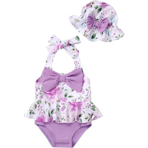 Kucnuzki Baby Girl Swimsuit Newborn One Piece Bathing Suit Bow Tie Bikini Tankini Infant Swimwear with Hat