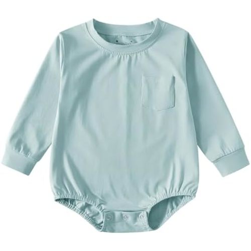 Jimonda Baby Boy Girl Bubble Romper Long Sleeve Cotton Crewneck Sweatshirt with Pocket,Solid Color Bodysuit Newborn Outfit