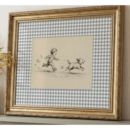 Boys Nursery Wall Art, Boy and Dog Print, Blue Gingham Storybook Decor | Etsy