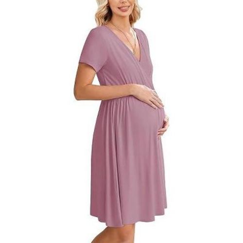 Ekouaer Women 3 in 1 Labor and Delivery Gown Split Front Flap Maternity Hospital Dress Nursing Nightgown for Breastfeeding Taro Purple L