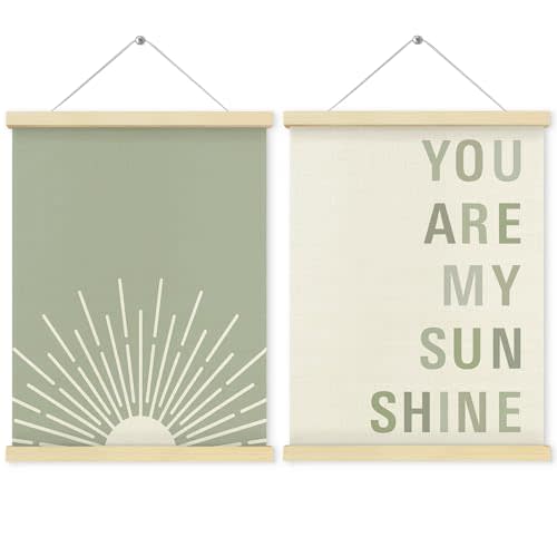 QEJ Boho Sage Green Nursery Wall Art Decor, You Are My Sunshine Canvas Poster Hanger Frame, Abstract Boho Sun Sunshine Wall Decorations for Toddler Kids Room Nursery Decor, 12x16 Inch Set of 2