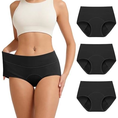 Absorbent Postpartum Briefs Period Underwear for Women High Waisted Leakproof Menstrual Panties Heavy Flow - 3 Pack