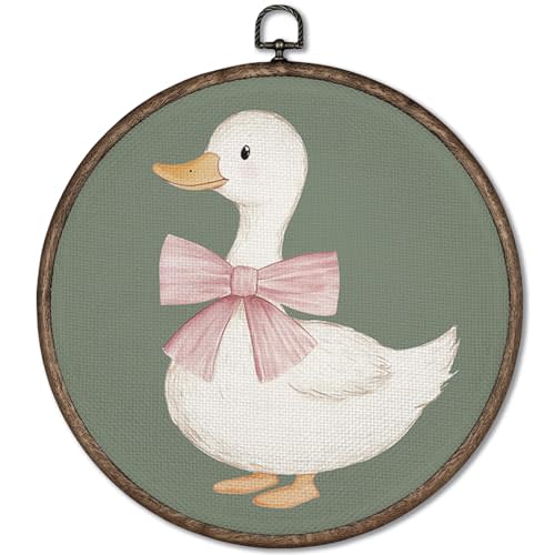 GWFSJYU Sage Green Duck Framed Wall Art, Duck Nursery Decor, Vintage Animal Ducks Round Canvas Prints Wall Art, Pink Bow Ducks Wall Hanging Decor For Bathroom Bedroom Nursery, 10x10inch
