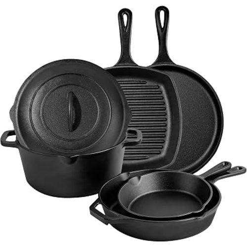 6 Piece Pre-Seasoned Cast Iron Cookware Set – Incl. 5QT Dutch Oven with Lid, 8'' and 10.25'' Cast Iron Skillets, 10.5'' Round Griddle, and a Square Grill Pan for Kitchen, Stovetop, & Camping