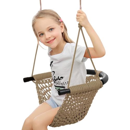 ROPECUBE Hand-Knitting Toddler Swing, Swing Seat for Kids with Adjustable Ropes, Little tikes Swings Set, for Outdoor Indoor, Playground, Backyard (Light Brown)