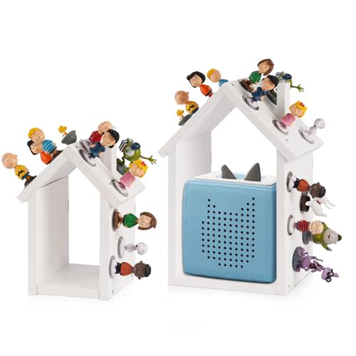 for Tonies Shelf Magnetic - for Tonies Figure Organizer Kids Room, Wooden Display Shelf for Tonies Box Holder, Wall Floating Shelves Toy Storage, House Shape Set of 2 with 38Pcs Metal Plate (White)