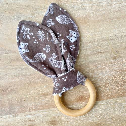 Teething Ring, Bunny Ear Teether, Baby Toy, Wooden Ring Teether, Natural Teether - Woodland Creatures