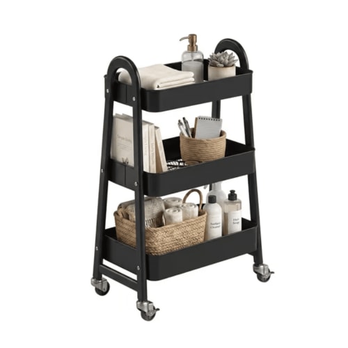 FENGFAN Black 3 Tier Metal Utility Cart 360 Degree Rolling Storage Trolley With Lockable Caster Wheels Mesh Hollow Organizer Cart