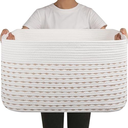 OIAHOMY 75L Blanket Basket, Woven Cotton Rope Basket for Organizing 22”x17”x12”, Used for Living Room, Bedroom, Nursery, Light Yellow & White