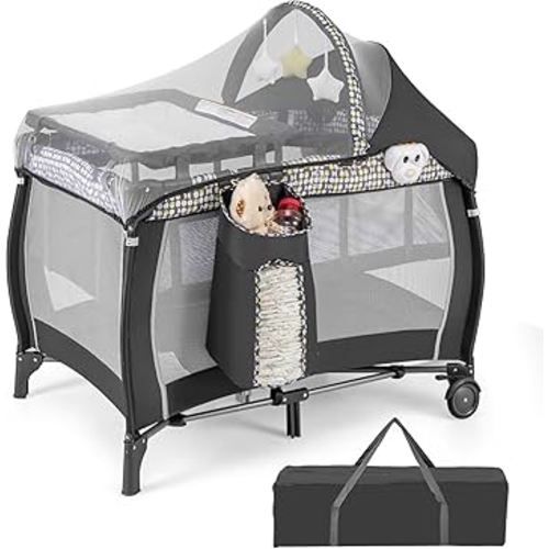 HONEY JOY Pack and Play, 4-in-1 Foldable Nursery Center with Full-Size Infant Bassinet & Diaper Changer, Portable Toddler Crib w/Mattress & Net, Music Box, Toys, Baby Playard w/Carry Bag, Gray