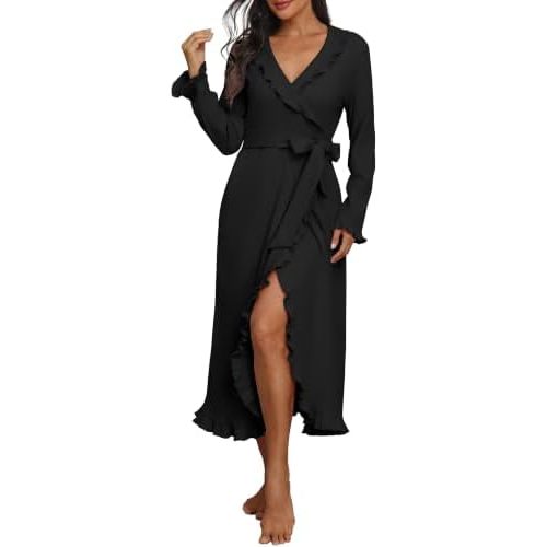 PrinStory Womens Robe Fleece Ruffle Warm Long Bathrobe