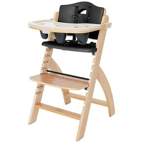 Abiie Beyond Junior Convertible Wooden High Chair with Removable Tray | 3-in-1 Adjustable Highchair for Babies & Toddlers, Fits 6 Mos to 250 lbs, Water-Resistant, Natural Wood w/ Black Cushion