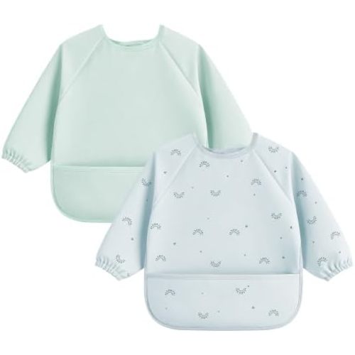 Bearmoss 2 Pack Long Sleeve Baby Bibs, Waterproof Smock Bibs for Eating