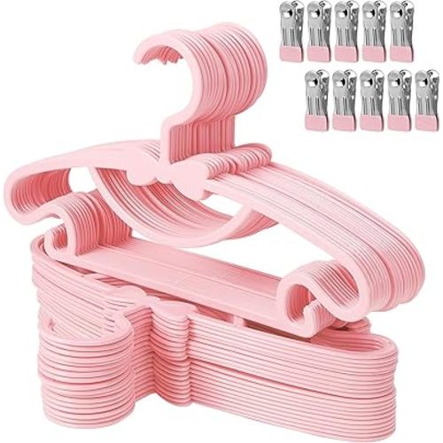 50 Pack Pink Baby Hangers Plastic Baby Nursery Closet Hangers with 10pcs Clips Non-Slip Ultra-Thin Child Infant Coat Hanger for Newborn Toddler Clothes