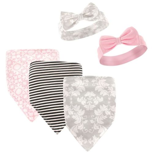 Hudson Baby Infant Girl Cotton Bib and Headband Set 5pk, Damask, One Size