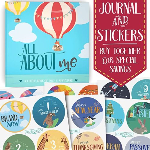 First Year Baby Memory Journal Book + Monthly Milestone Stickers Keepsake (Adventure) - Journal + Sticker Pack