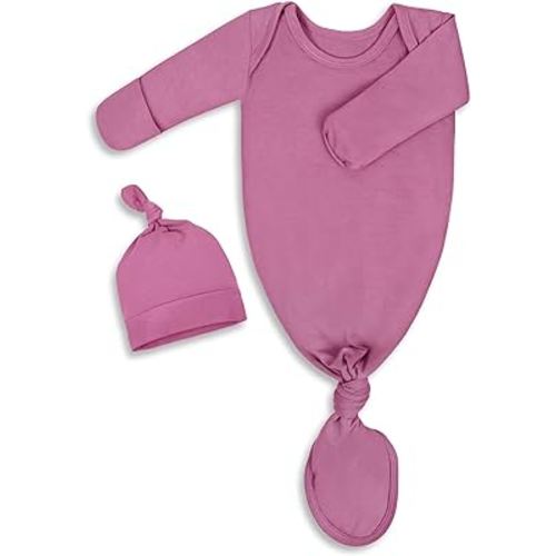 Mikccer Newborn Knotted Baby Gown 0-6 Months, Super Soft Breathable Nightgowns for Babies Girl and Boy, Baby Girls Coming Home Hospital Outfit with Hat Set Rose