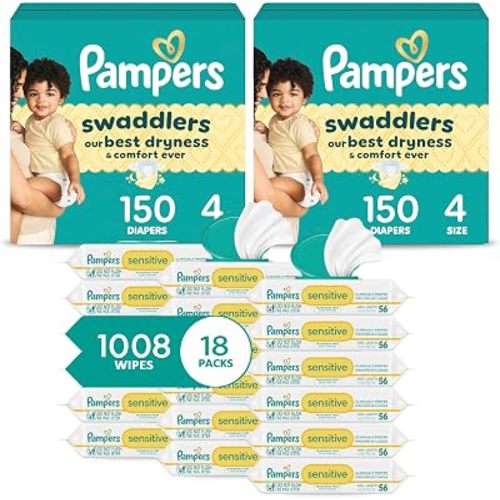 Pampers Swaddlers Disposable Baby Diapers Size 4, 2 Month Supply (2 x 150 Count) with Sensitive Water Based Baby Wipes 12X Multi Pack Pop-Top and Refill (1008 Count) [Packaging May Vary]