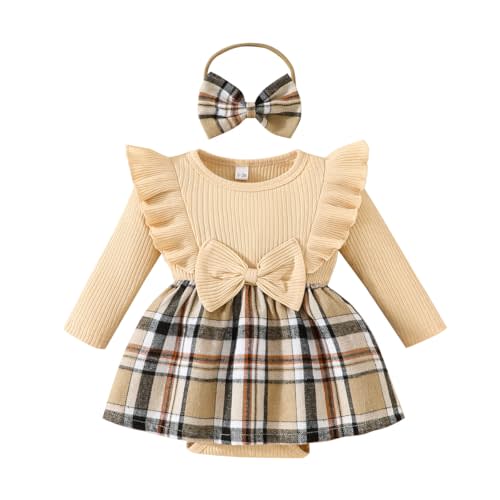 Magic Park 0-24M Baby Toddler Girls Ruffle Long Sleeve Bodysuit Ribbed Plaid Romper Dress Fall Winter Outfit with Headband