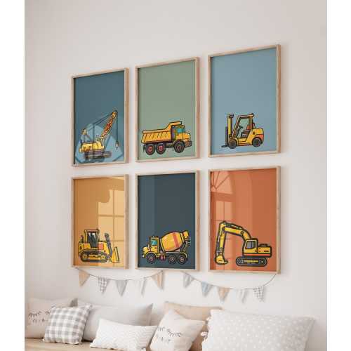 Bundle of 6 Construction Vehicle Nursery Prints: Boys Room Decor - Toddler Playroom Wall Decor (Digital Download)